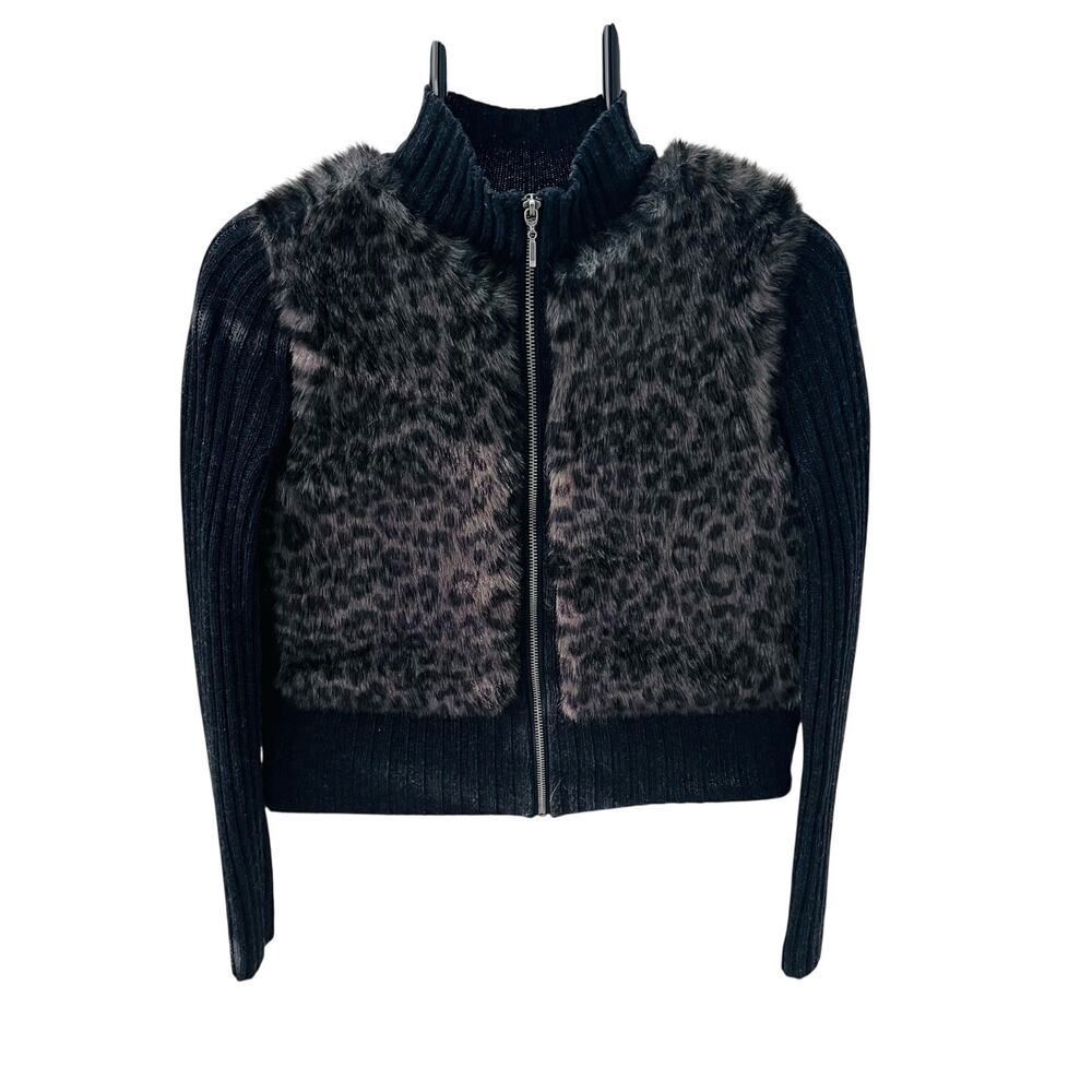GUESS Y2K Faux Fur Animal Print Zip-Up Sweater Jacket Black Gray Ribbed XS